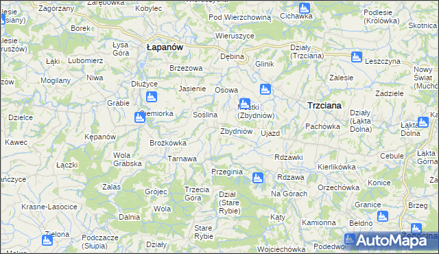 mapa Zbydniów gmina Łapanów, Zbydniów gmina Łapanów na mapie Targeo