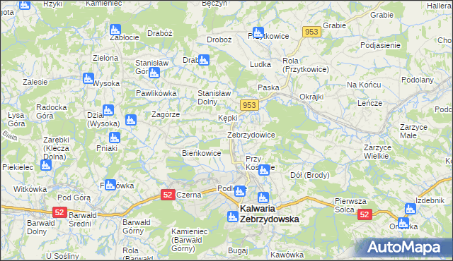 mapa Zebrzydowice gmina Kalwaria Zebrzydowska, Zebrzydowice gmina Kalwaria Zebrzydowska na mapie Targeo