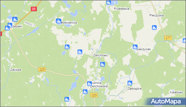 mapa Żelichowo gmina Krzyż Wielkopolski, Żelichowo gmina Krzyż Wielkopolski na mapie Targeo