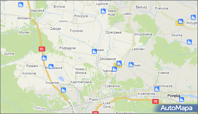 mapa Żelisławice gmina Siewierz, Żelisławice gmina Siewierz na mapie Targeo