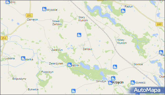 mapa Żeńsko gmina Krzęcin, Żeńsko gmina Krzęcin na mapie Targeo