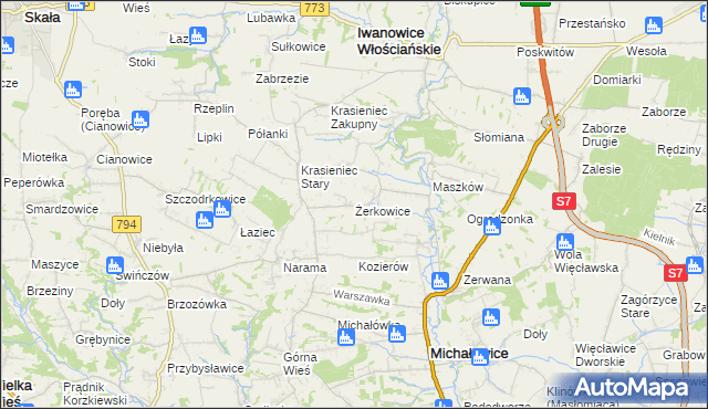 mapa Żerkowice gmina Iwanowice, Żerkowice gmina Iwanowice na mapie Targeo