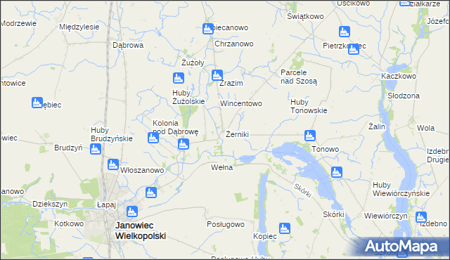 mapa Żerniki gmina Janowiec Wielkopolski, Żerniki gmina Janowiec Wielkopolski na mapie Targeo