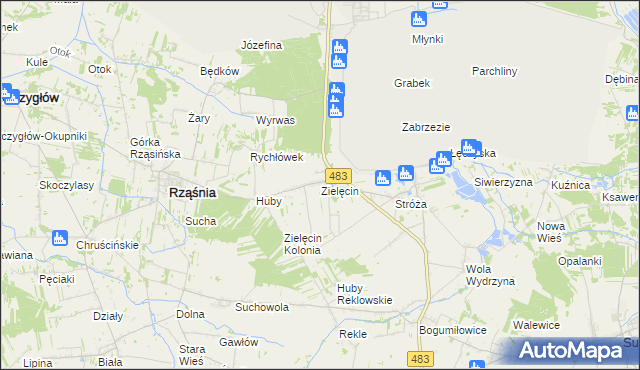 mapa Zielęcin gmina Rząśnia, Zielęcin gmina Rząśnia na mapie Targeo