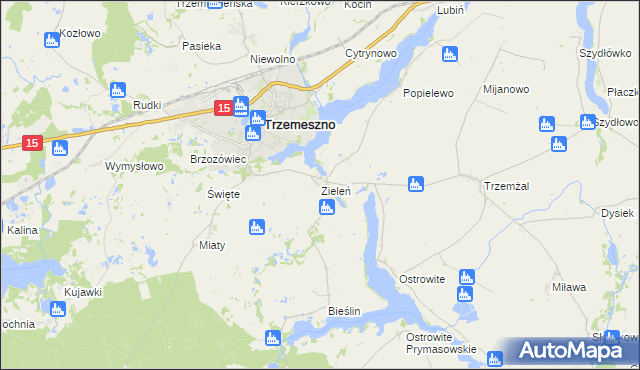 mapa Zieleń gmina Trzemeszno, Zieleń gmina Trzemeszno na mapie Targeo