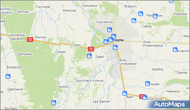 mapa Zieleń gmina Uniejów, Zieleń gmina Uniejów na mapie Targeo