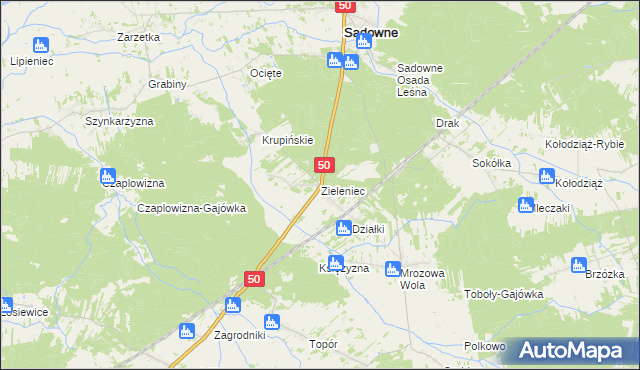 mapa Zieleniec gmina Sadowne, Zieleniec gmina Sadowne na mapie Targeo