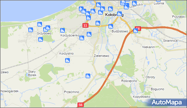 mapa Zieleniewo gmina Kołobrzeg, Zieleniewo gmina Kołobrzeg na mapie Targeo