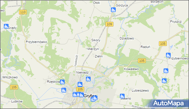 mapa Zielin gmina Gryfice, Zielin gmina Gryfice na mapie Targeo
