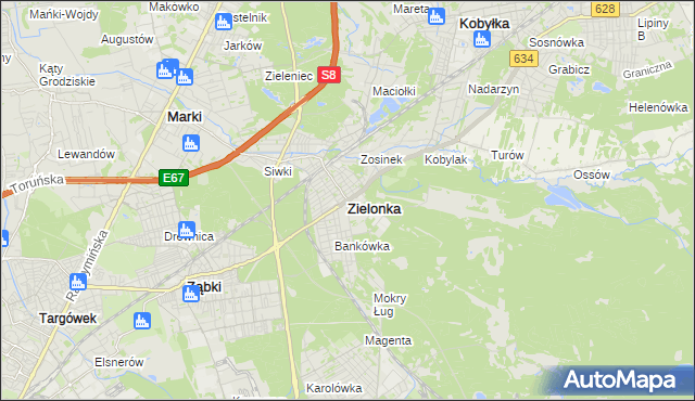 mapa Zielonka powiat wołomiński, Zielonka powiat wołomiński na mapie Targeo