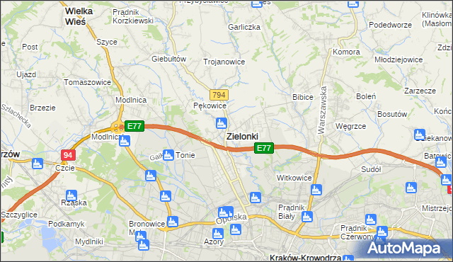 mapa Zielonki powiat krakowski, Zielonki powiat krakowski na mapie Targeo