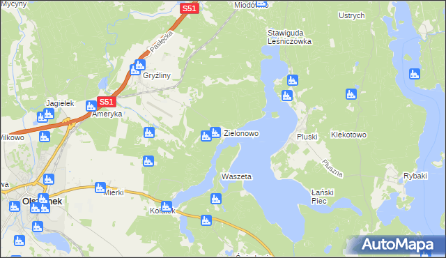 mapa Zielonowo gmina Stawiguda, Zielonowo gmina Stawiguda na mapie Targeo