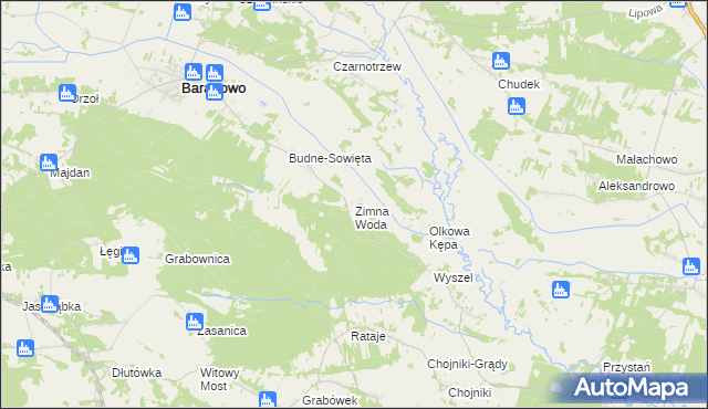 mapa Zimna Woda gmina Baranowo, Zimna Woda gmina Baranowo na mapie Targeo