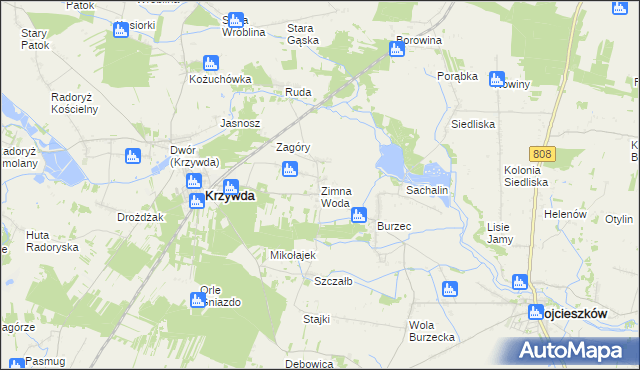 mapa Zimna Woda gmina Krzywda, Zimna Woda gmina Krzywda na mapie Targeo