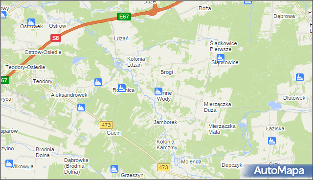 mapa Zimne Wody gmina Dobroń, Zimne Wody gmina Dobroń na mapie Targeo