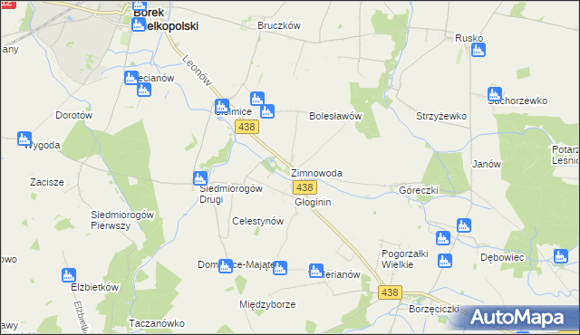 mapa Zimnowoda gmina Borek Wielkopolski, Zimnowoda gmina Borek Wielkopolski na mapie Targeo