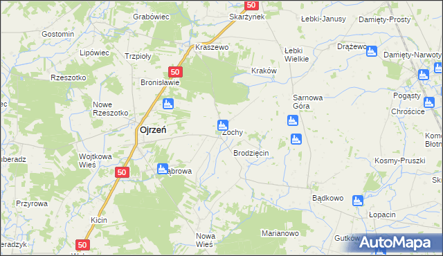 mapa Żochy gmina Ojrzeń, Żochy gmina Ojrzeń na mapie Targeo