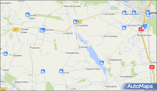 mapa Żukowo gmina Oborniki, Żukowo gmina Oborniki na mapie Targeo