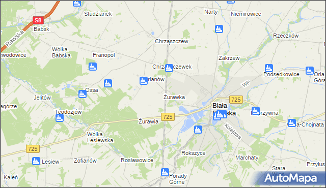 mapa Żurawka gmina Biała Rawska, Żurawka gmina Biała Rawska na mapie Targeo