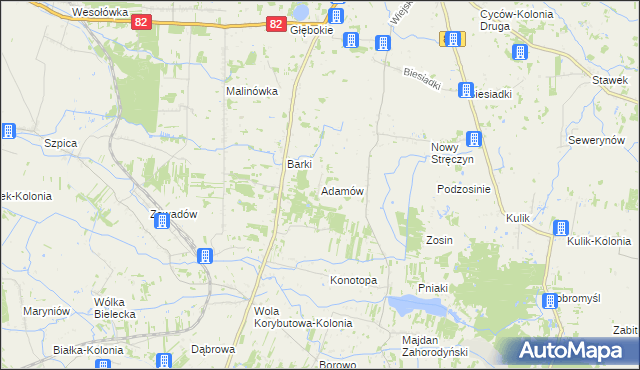 mapa Adamów gmina Cyców, Adamów gmina Cyców na mapie Targeo