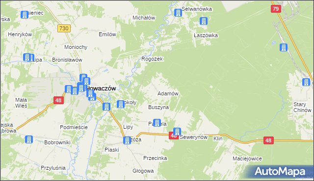 mapa Adamów gmina Głowaczów, Adamów gmina Głowaczów na mapie Targeo