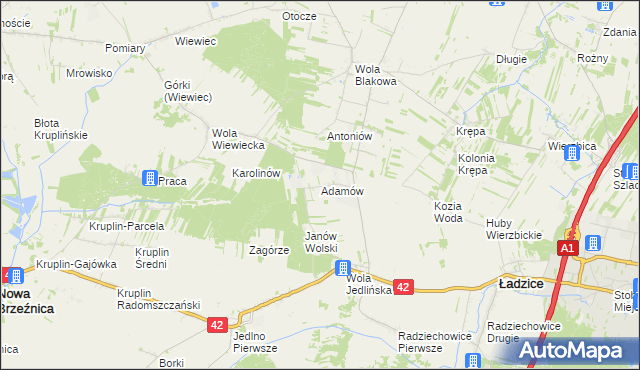 mapa Adamów gmina Ładzice, Adamów gmina Ładzice na mapie Targeo