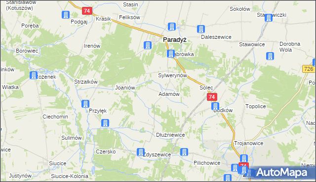 mapa Adamów gmina Paradyż, Adamów gmina Paradyż na mapie Targeo