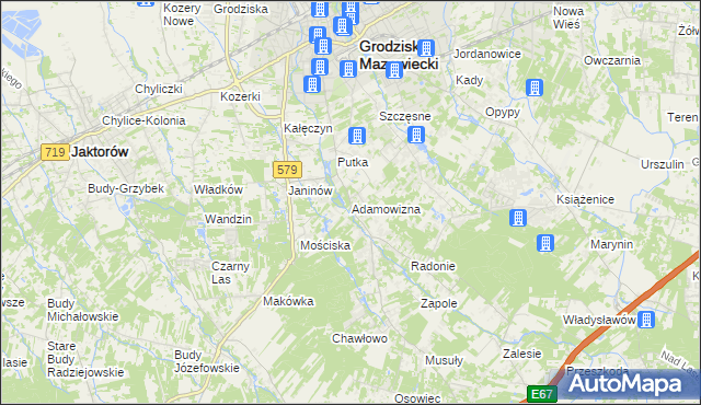 mapa Adamowizna gmina Grodzisk Mazowiecki, Adamowizna gmina Grodzisk Mazowiecki na mapie Targeo