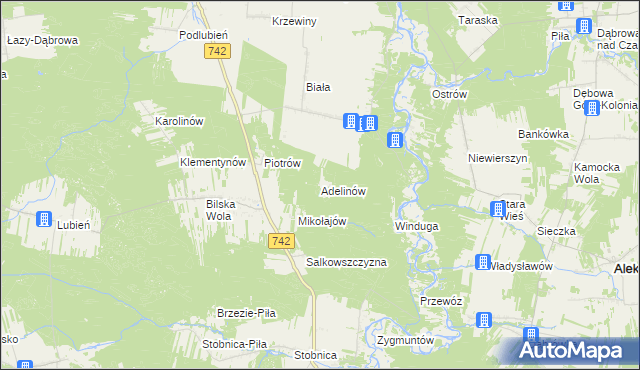 mapa Adelinów gmina Sulejów, Adelinów gmina Sulejów na mapie Targeo