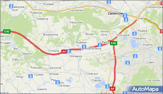 mapa Aleksandrowice gmina Zabierzów, Aleksandrowice gmina Zabierzów na mapie Targeo