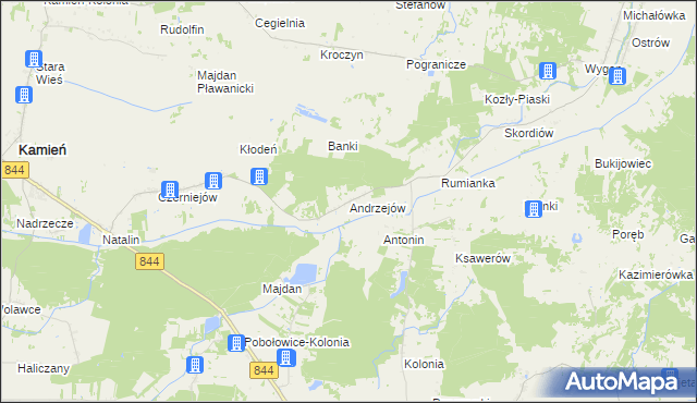 mapa Andrzejów gmina Kamień, Andrzejów gmina Kamień na mapie Targeo