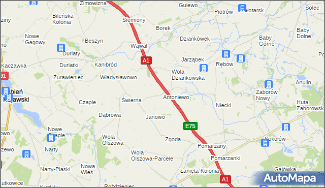 mapa Antoniewo gmina Lubień Kujawski, Antoniewo gmina Lubień Kujawski na mapie Targeo