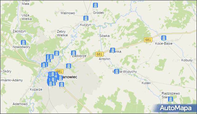 mapa Antonin gmina Ciechanowiec, Antonin gmina Ciechanowiec na mapie Targeo