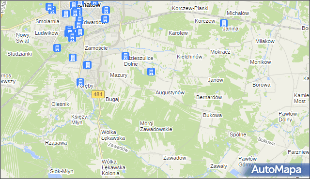 mapa Augustynów gmina Bełchatów, Augustynów gmina Bełchatów na mapie Targeo