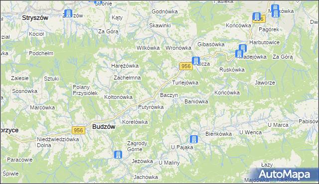 mapa Baczyn gmina Budzów, Baczyn gmina Budzów na mapie Targeo