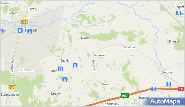 mapa Bagienki gmina Tykocin, Bagienki gmina Tykocin na mapie Targeo