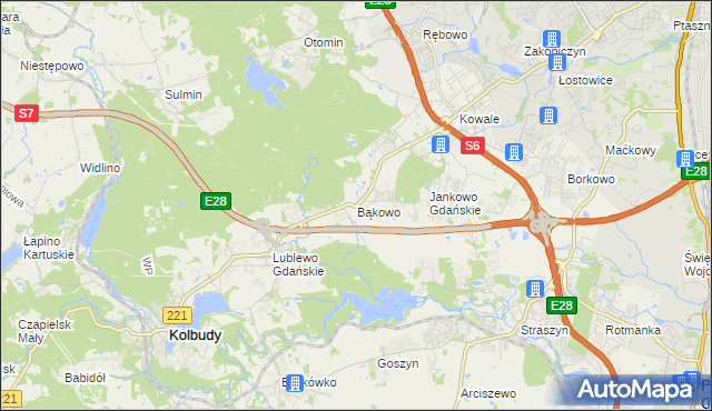 mapa Bąkowo gmina Kolbudy, Bąkowo gmina Kolbudy na mapie Targeo