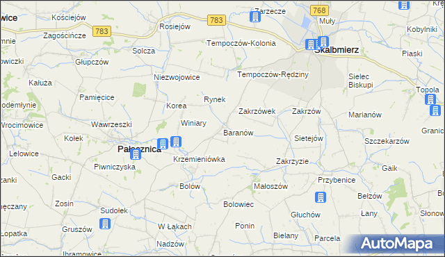 mapa Baranów gmina Skalbmierz, Baranów gmina Skalbmierz na mapie Targeo