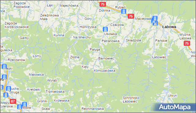 mapa Barnowiec gmina Łabowa, Barnowiec gmina Łabowa na mapie Targeo