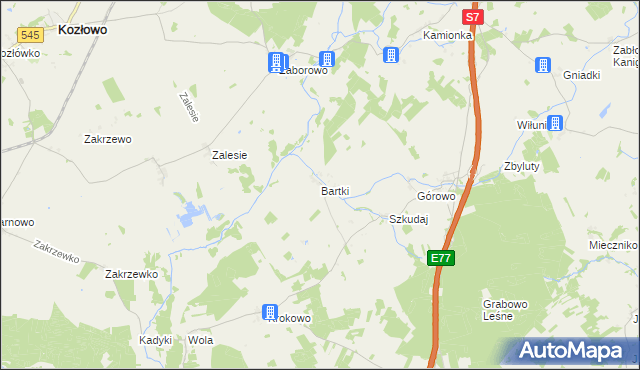 mapa Bartki gmina Kozłowo, Bartki gmina Kozłowo na mapie Targeo