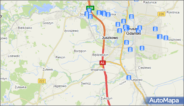 mapa Będzieszyn gmina Pruszcz Gdański, Będzieszyn gmina Pruszcz Gdański na mapie Targeo