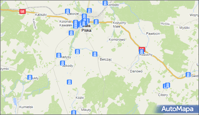 mapa Bełcząc gmina Biała Piska, Bełcząc gmina Biała Piska na mapie Targeo