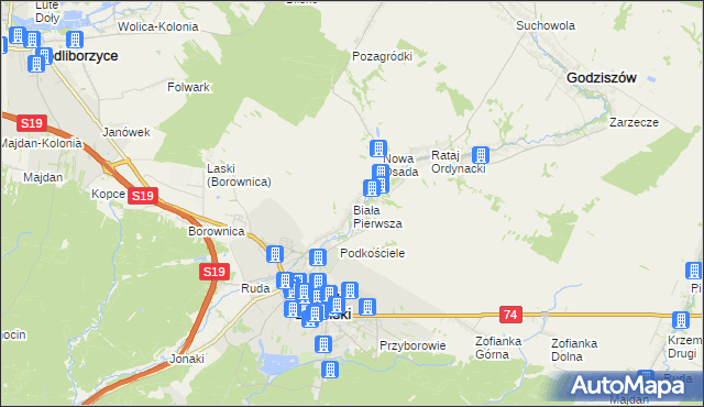 mapa Biała Pierwsza gmina Janów Lubelski, Biała Pierwsza gmina Janów Lubelski na mapie Targeo