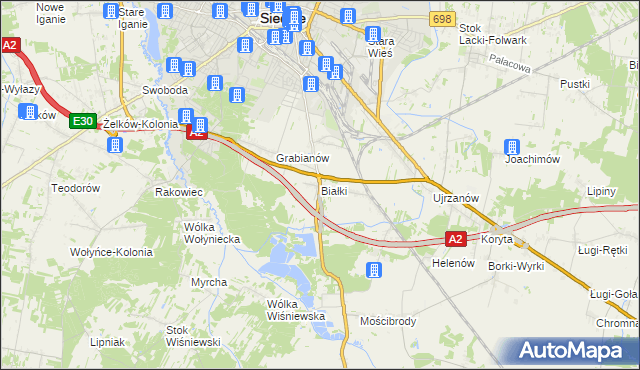 mapa Białki gmina Siedlce, Białki gmina Siedlce na mapie Targeo