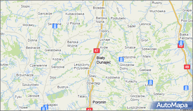 mapa Biały Dunajec, Biały Dunajec na mapie Targeo