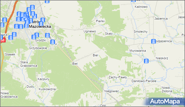 mapa Biel gmina Ostrów Mazowiecka, Biel gmina Ostrów Mazowiecka na mapie Targeo