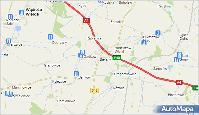 mapa Bielany gmina Wądroże Wielkie, Bielany gmina Wądroże Wielkie na mapie Targeo