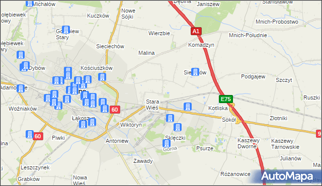 mapa Bielawki gmina Kutno, Bielawki gmina Kutno na mapie Targeo