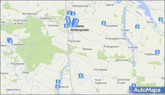 mapa Bielawy gmina Janowiec Wielkopolski, Bielawy gmina Janowiec Wielkopolski na mapie Targeo