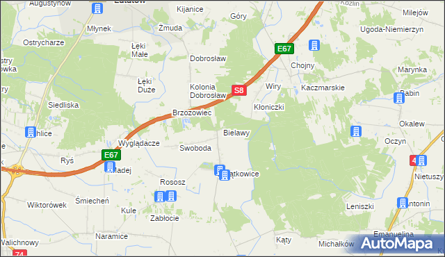 mapa Bielawy gmina Lututów, Bielawy gmina Lututów na mapie Targeo